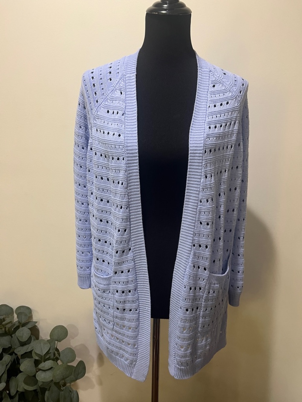 Cyrus Light Blue Open-Front Eyelet Knit Cardigan